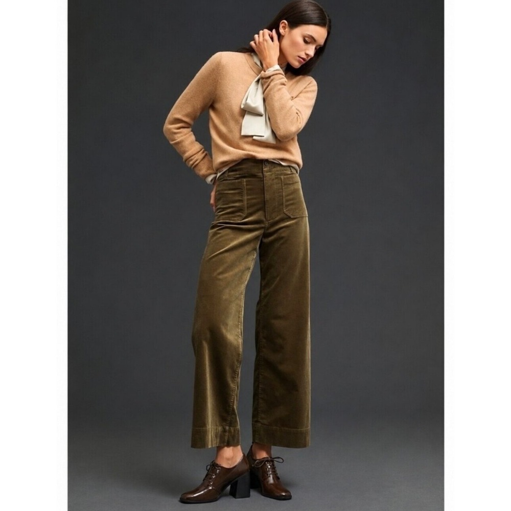 Maeve Anthropologie The Colette Corduroy Wide Leg Crop Pants Olive Green 29